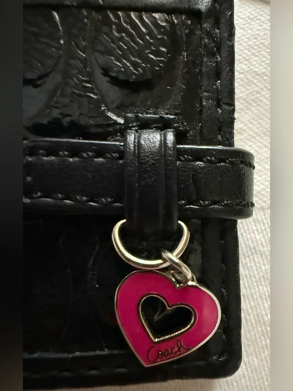 Vintage Coach Black Patent Mini Picture Frame Keyholder with Pink Heart Charm
